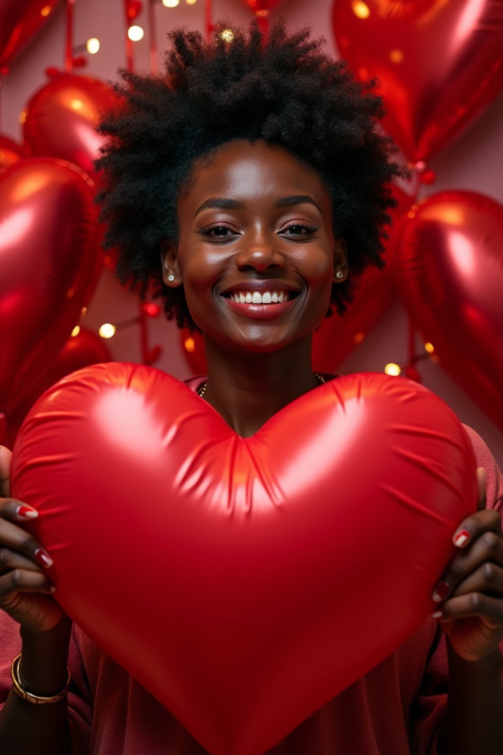 A playful woman posing with giant heart decorations, surrounded by roses and festive Valentine's lights.