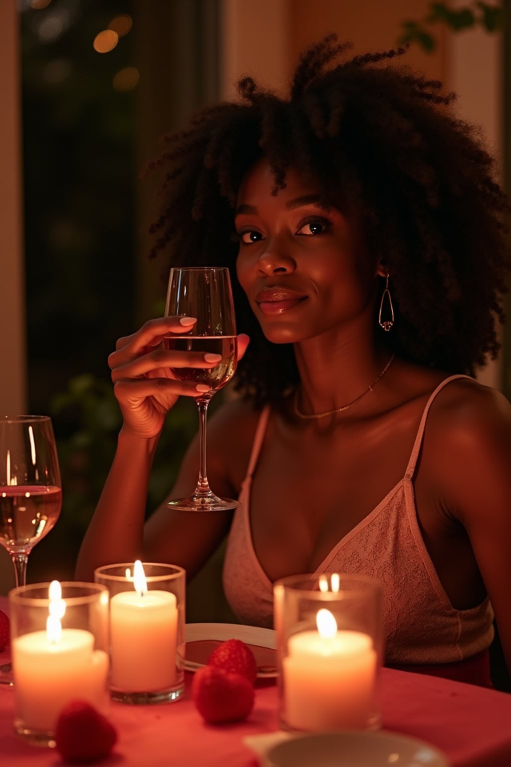 A woman enjoying a romantic dinner with candles and soft lighting, set in a warm, Valentine's-themed atmosphere.