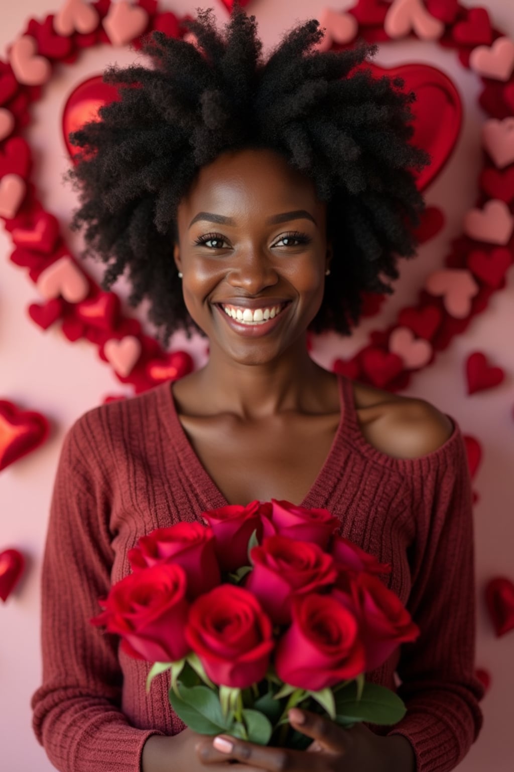 Model holding a bouquet of roses, smiling in front of a heart-shaped backdrop with Valentine's Day decorations like chocolates and rose petals.