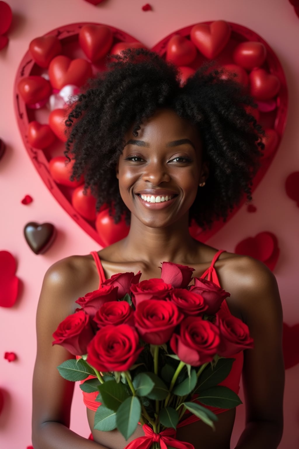 Model holding a bouquet of roses, smiling in front of a heart-shaped backdrop with Valentine's Day decorations like chocolates and rose petals.