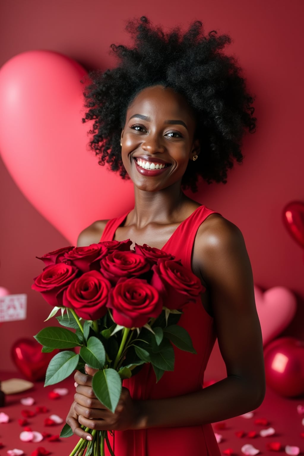 Model holding a bouquet of roses, smiling in front of a heart-shaped backdrop with Valentine's Day decorations like chocolates and rose petals.