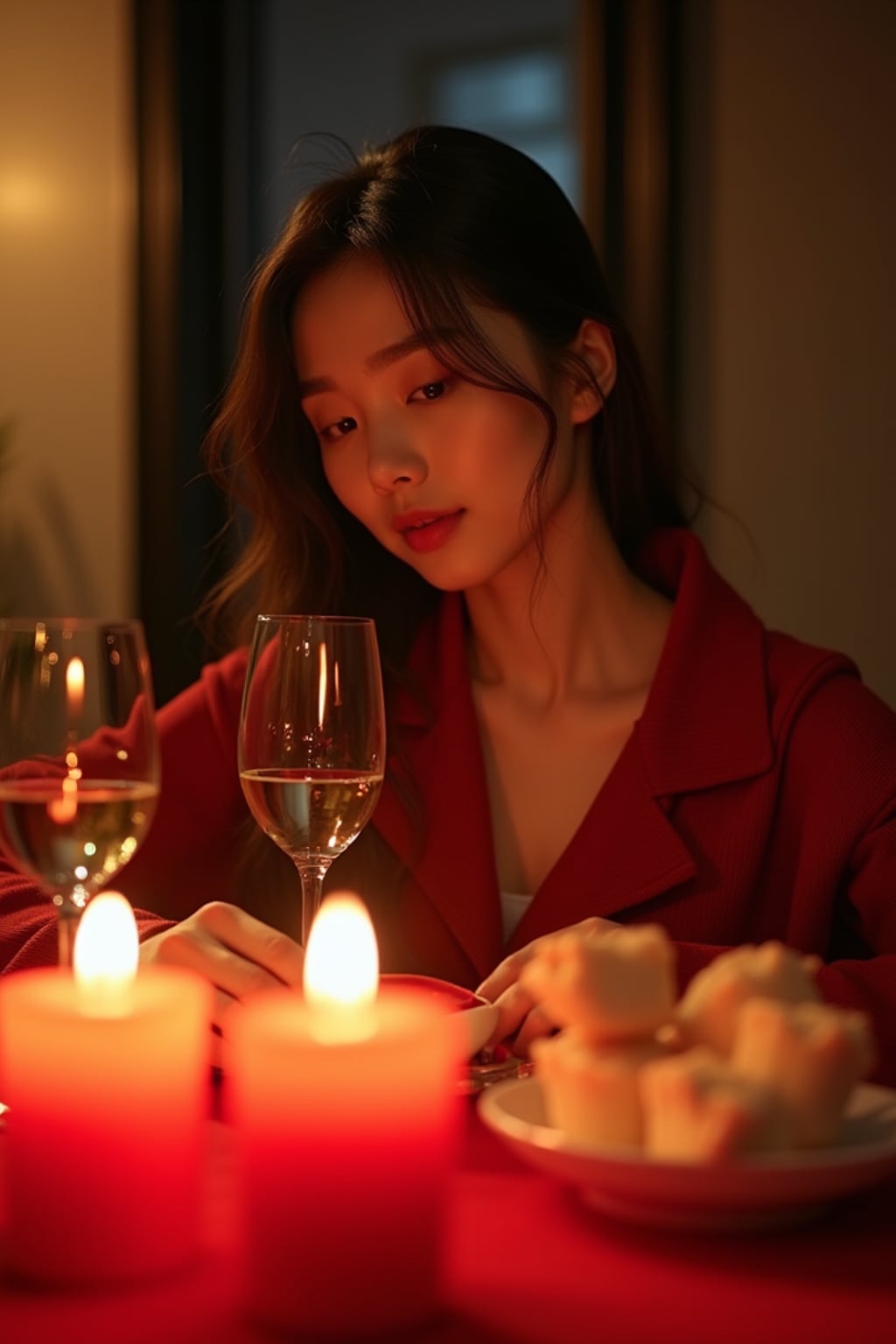 A woman enjoying a romantic dinner with candles and soft lighting, set in a warm, Valentine's-themed atmosphere.