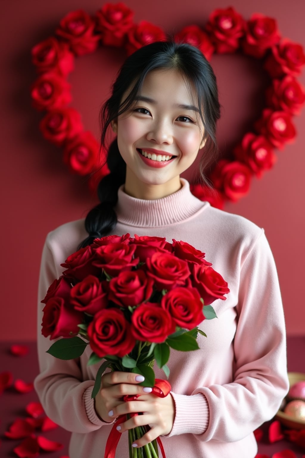 Model holding a bouquet of roses, smiling in front of a heart-shaped backdrop with Valentine's Day decorations like chocolates and rose petals.