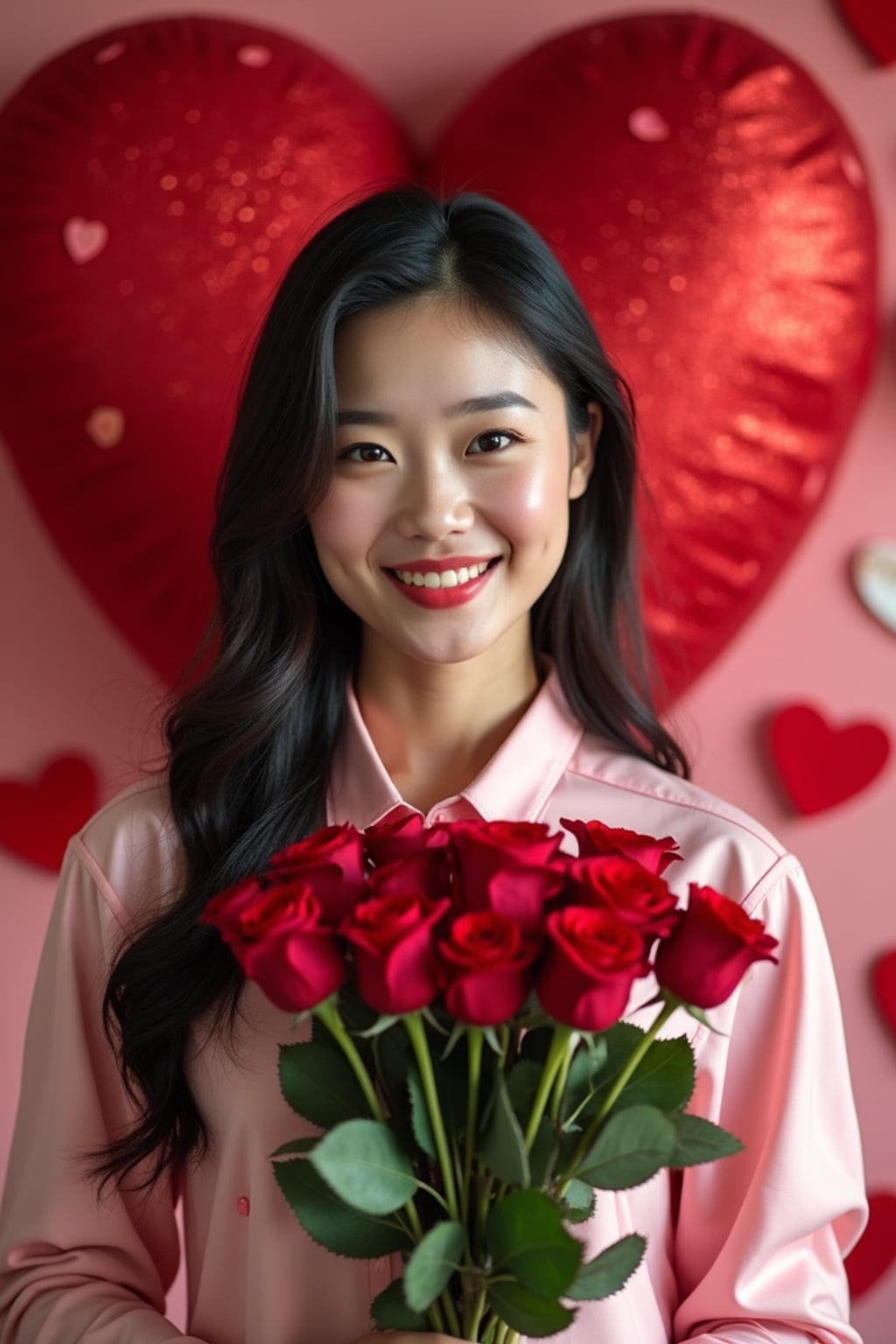 Model holding a bouquet of roses, smiling in front of a heart-shaped backdrop with Valentine's Day decorations like chocolates and rose petals.