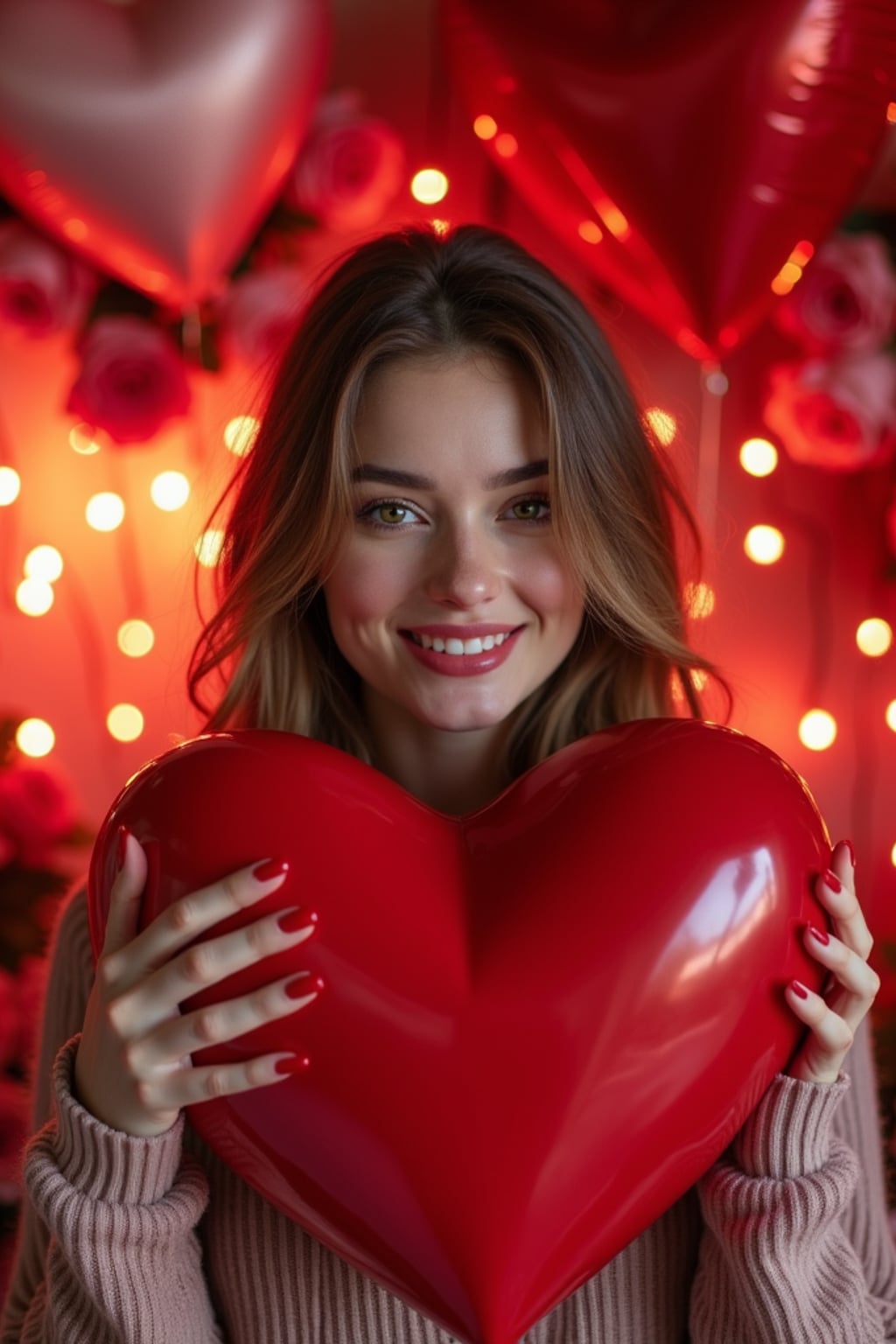 A playful woman posing with giant heart decorations, surrounded by roses and festive Valentine's lights.