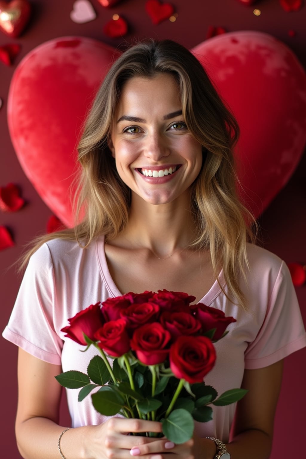 Model holding a bouquet of roses, smiling in front of a heart-shaped backdrop with Valentine's Day decorations like chocolates and rose petals.