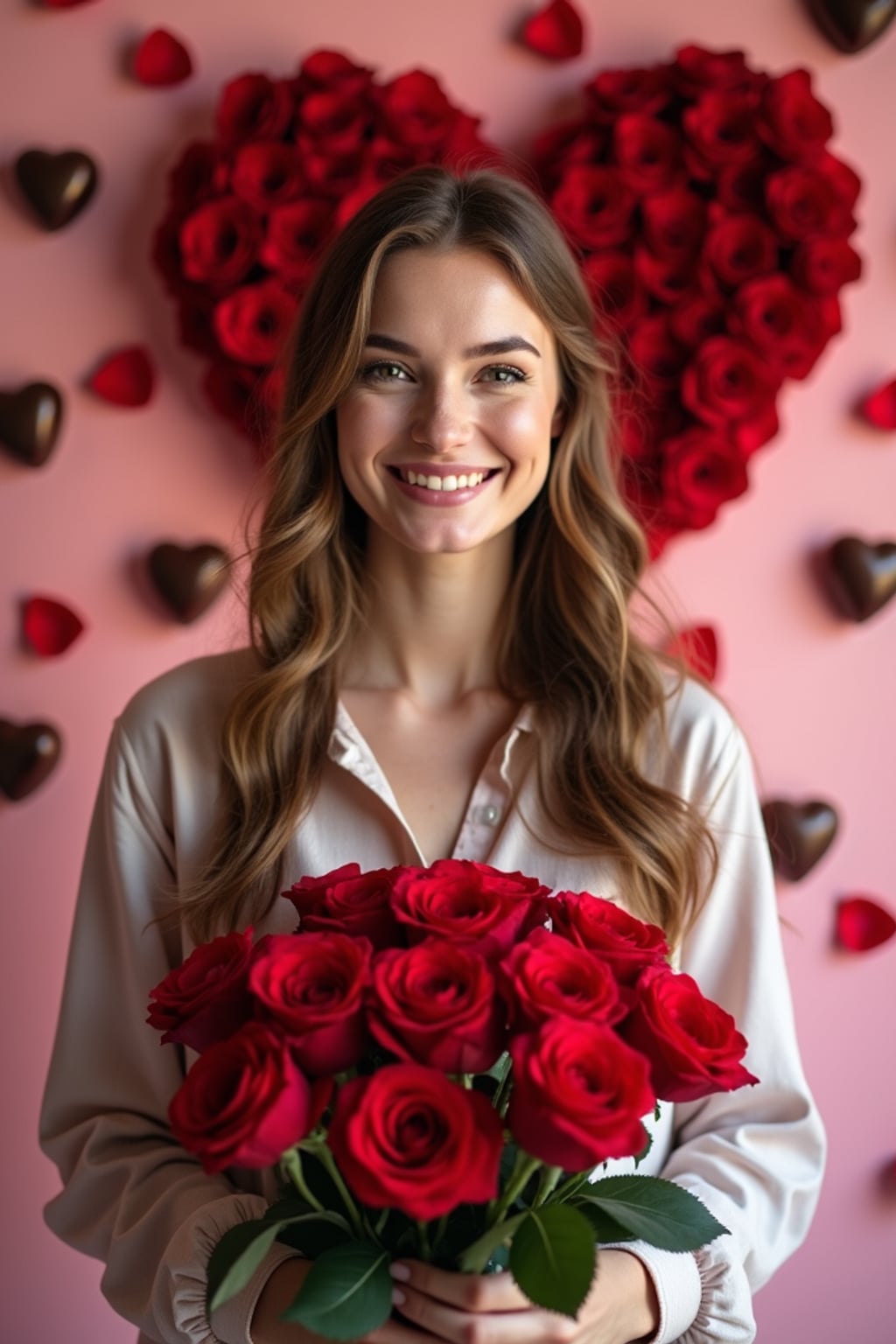 Model holding a bouquet of roses, smiling in front of a heart-shaped backdrop with Valentine's Day decorations like chocolates and rose petals.