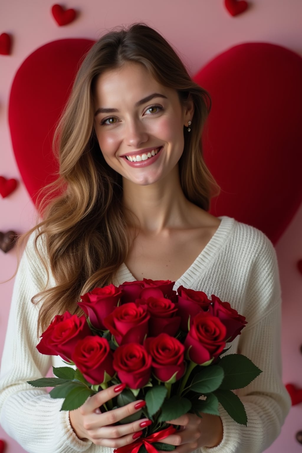 Model holding a bouquet of roses, smiling in front of a heart-shaped backdrop with Valentine's Day decorations like chocolates and rose petals.