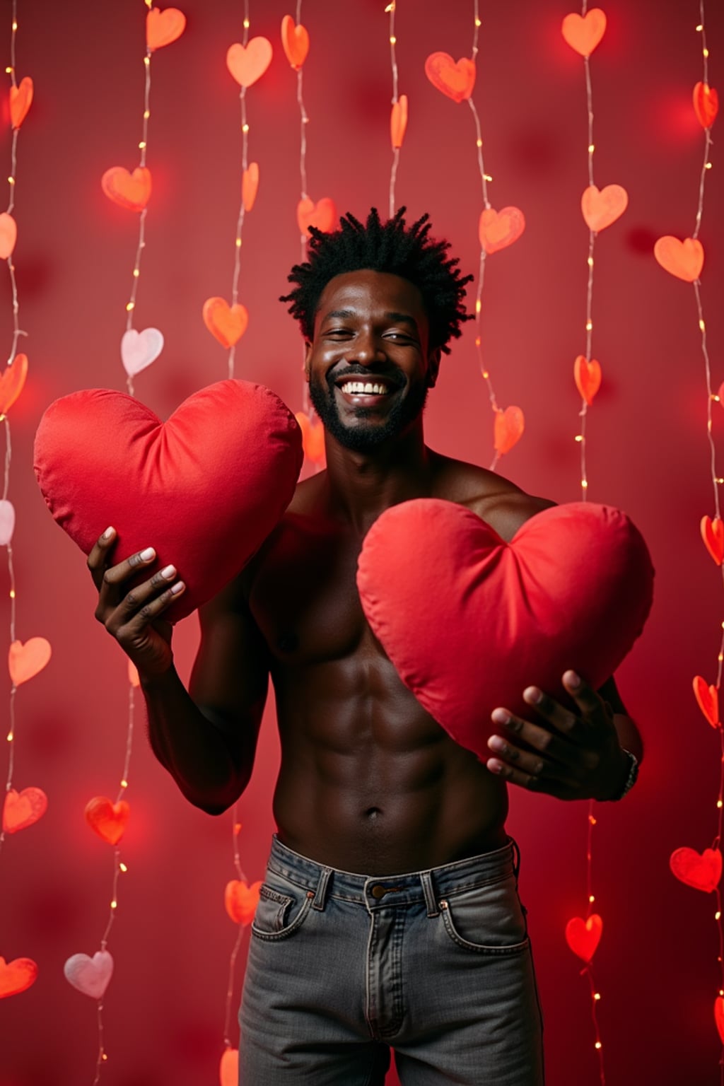 A playful man posing with giant heart decorations, surrounded by roses and festive Valentine's lights.