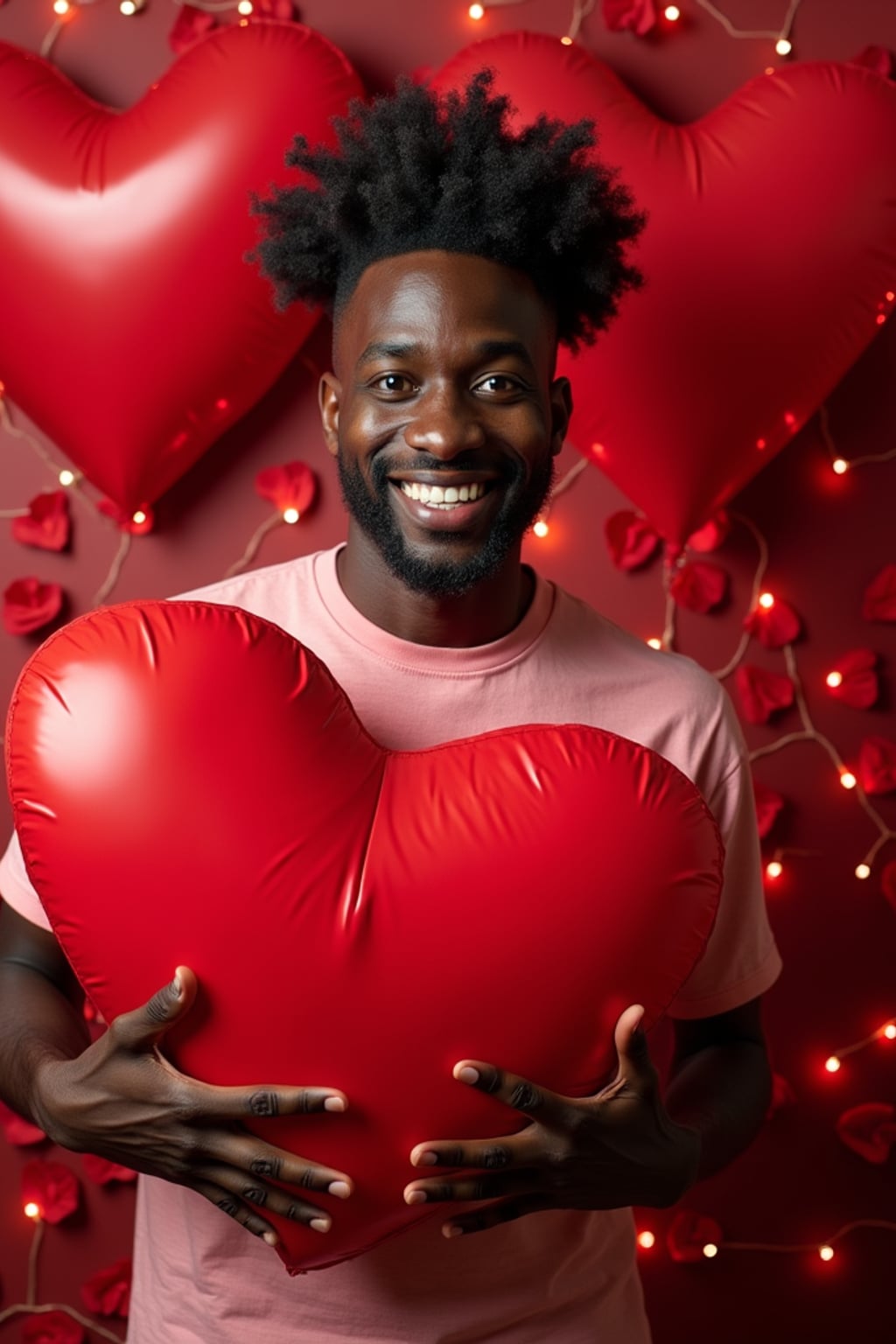 A playful man posing with giant heart decorations, surrounded by roses and festive Valentine's lights.