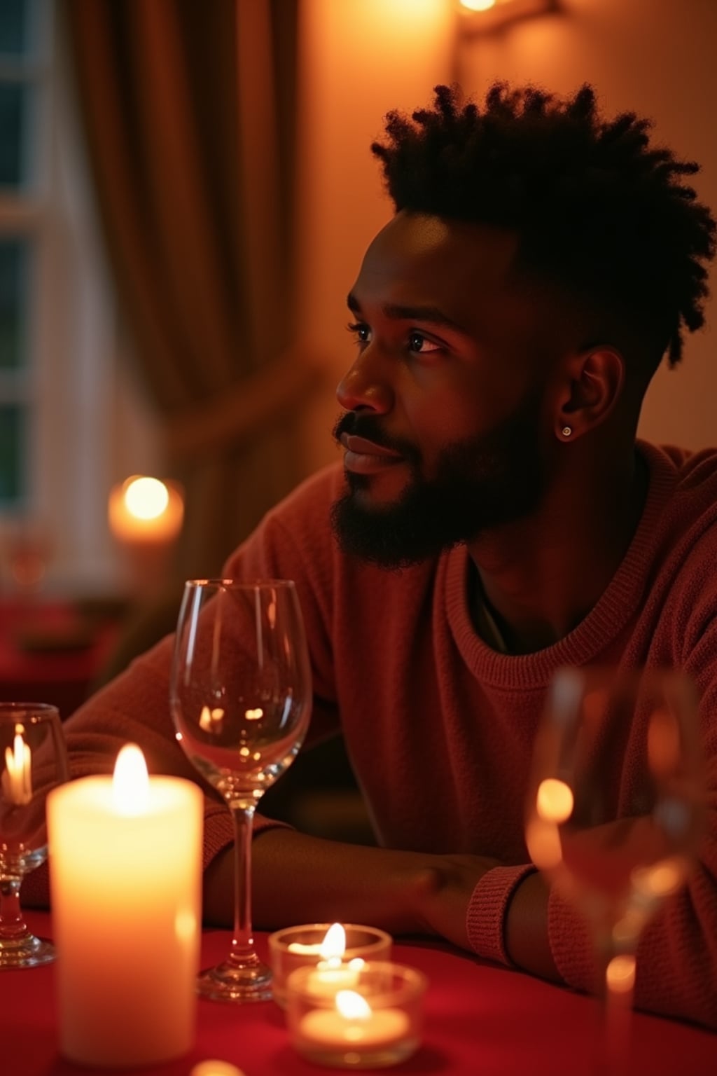 A man enjoying a romantic dinner with candles and soft lighting, set in a warm, Valentine's-themed atmosphere.