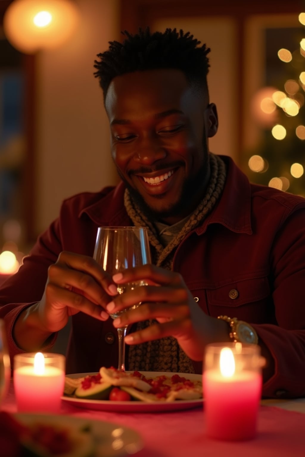 A man enjoying a romantic dinner with candles and soft lighting, set in a warm, Valentine's-themed atmosphere.