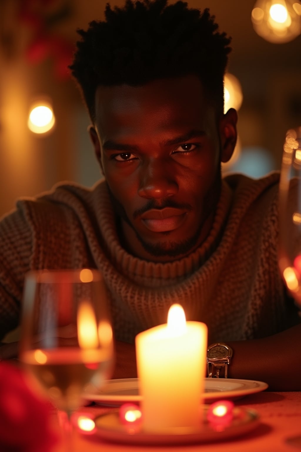 A man enjoying a romantic dinner with candles and soft lighting, set in a warm, Valentine's-themed atmosphere.