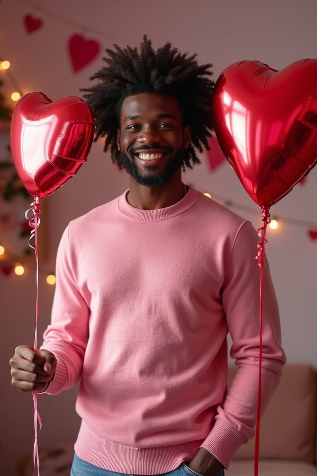 A man wearing a cute, pink Valentine's Day sweater, holding a heart-shaped balloon in a room filled with romantic decorations.