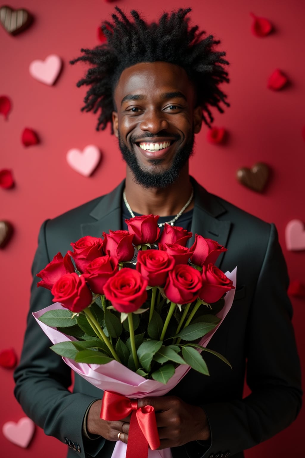 Model holding a bouquet of roses, smiling in front of a heart-shaped backdrop with Valentine's Day decorations like chocolates and rose petals.