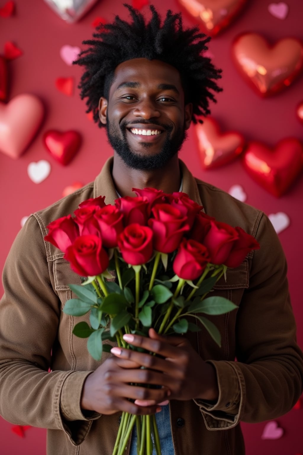 Model holding a bouquet of roses, smiling in front of a heart-shaped backdrop with Valentine's Day decorations like chocolates and rose petals.
