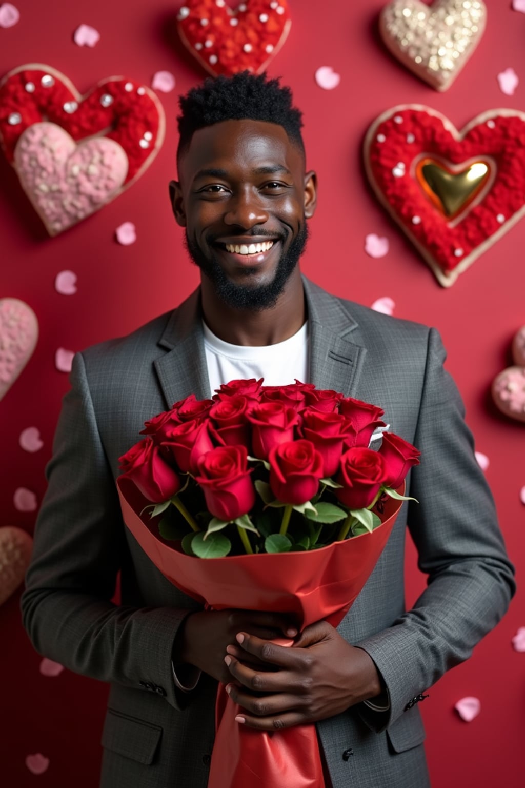 Model holding a bouquet of roses, smiling in front of a heart-shaped backdrop with Valentine's Day decorations like chocolates and rose petals.