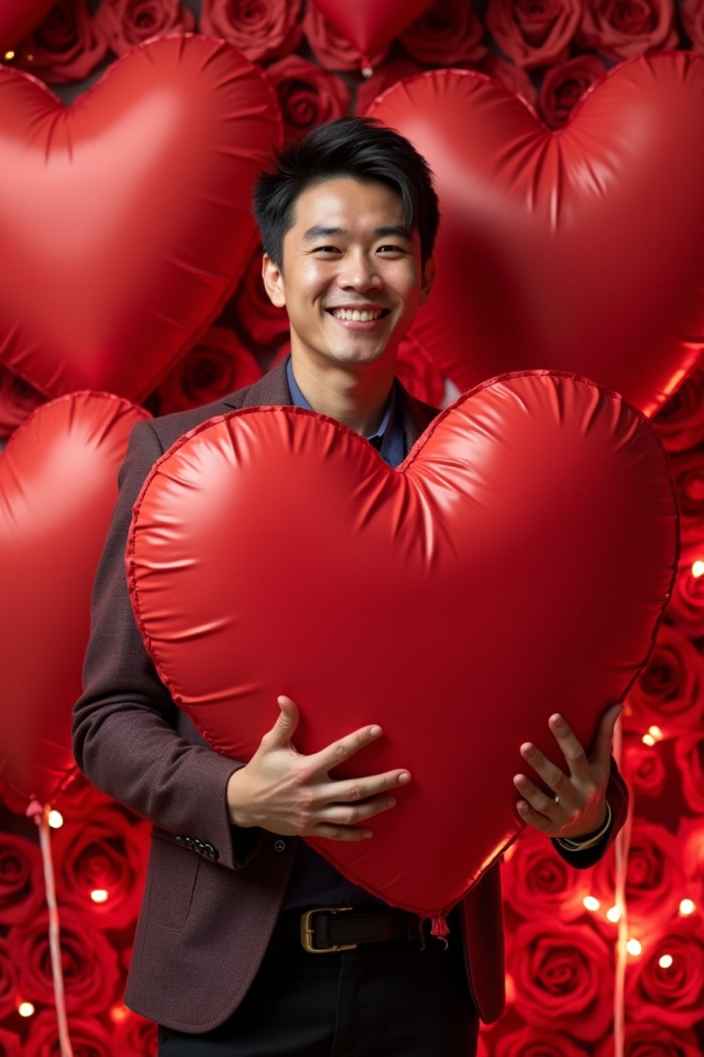 A playful man posing with giant heart decorations, surrounded by roses and festive Valentine's lights.