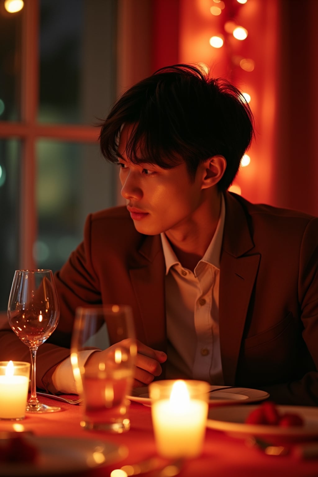 A man enjoying a romantic dinner with candles and soft lighting, set in a warm, Valentine's-themed atmosphere.
