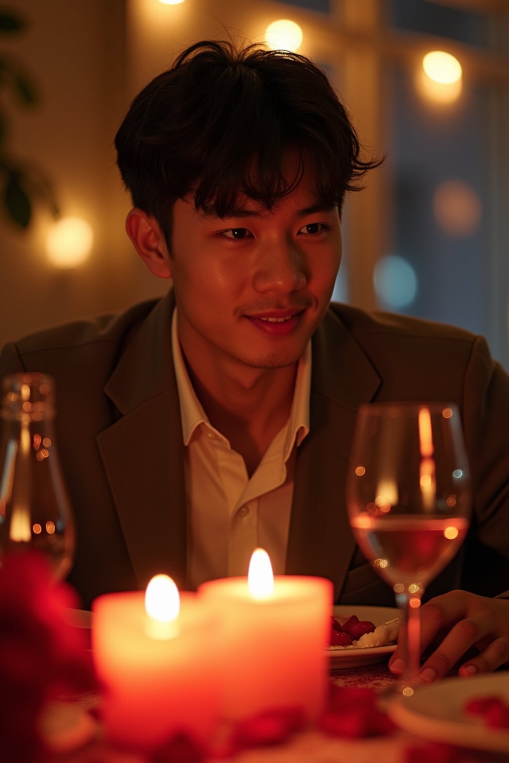 A man enjoying a romantic dinner with candles and soft lighting, set in a warm, Valentine's-themed atmosphere.