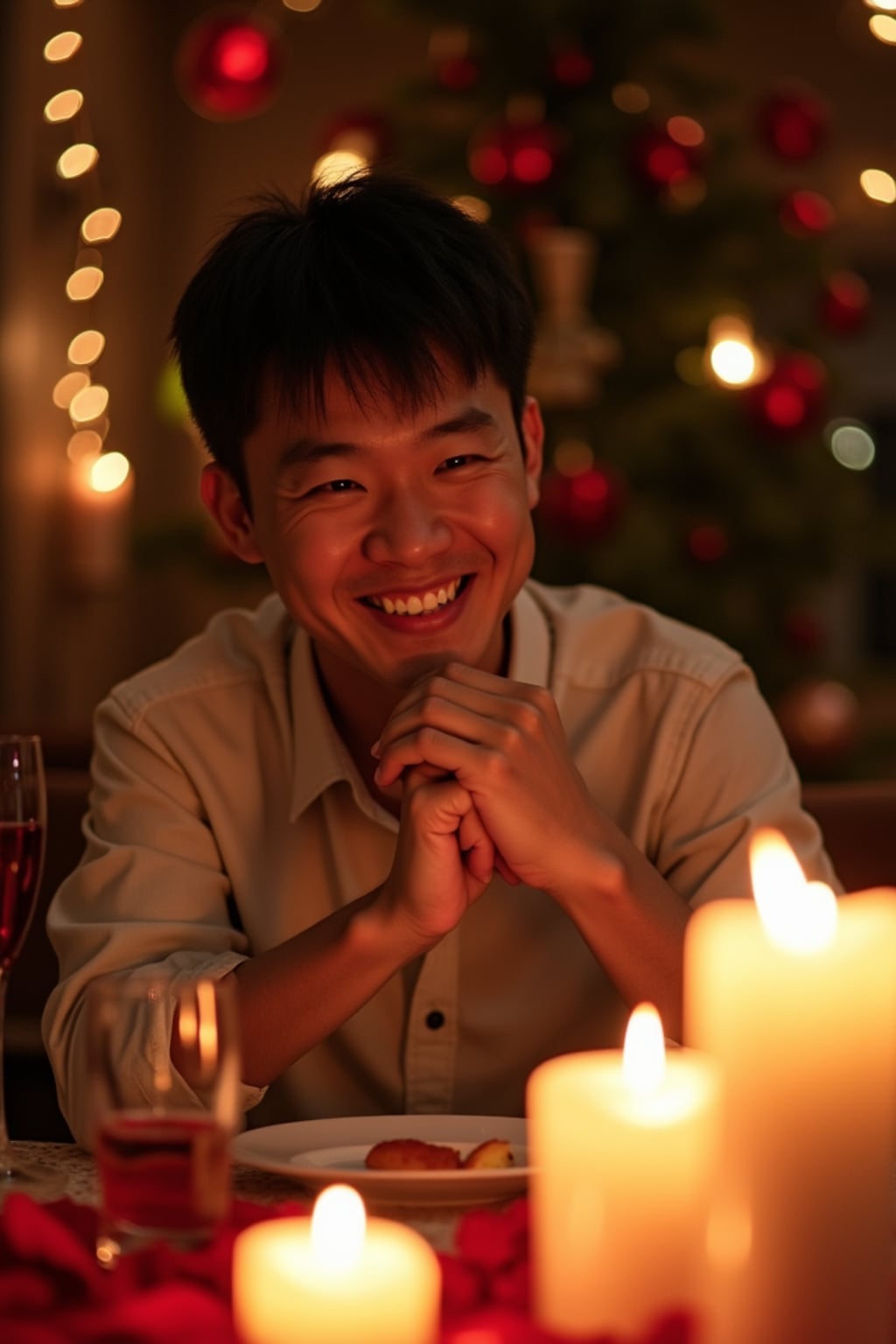 A man enjoying a romantic dinner with candles and soft lighting, set in a warm, Valentine's-themed atmosphere.