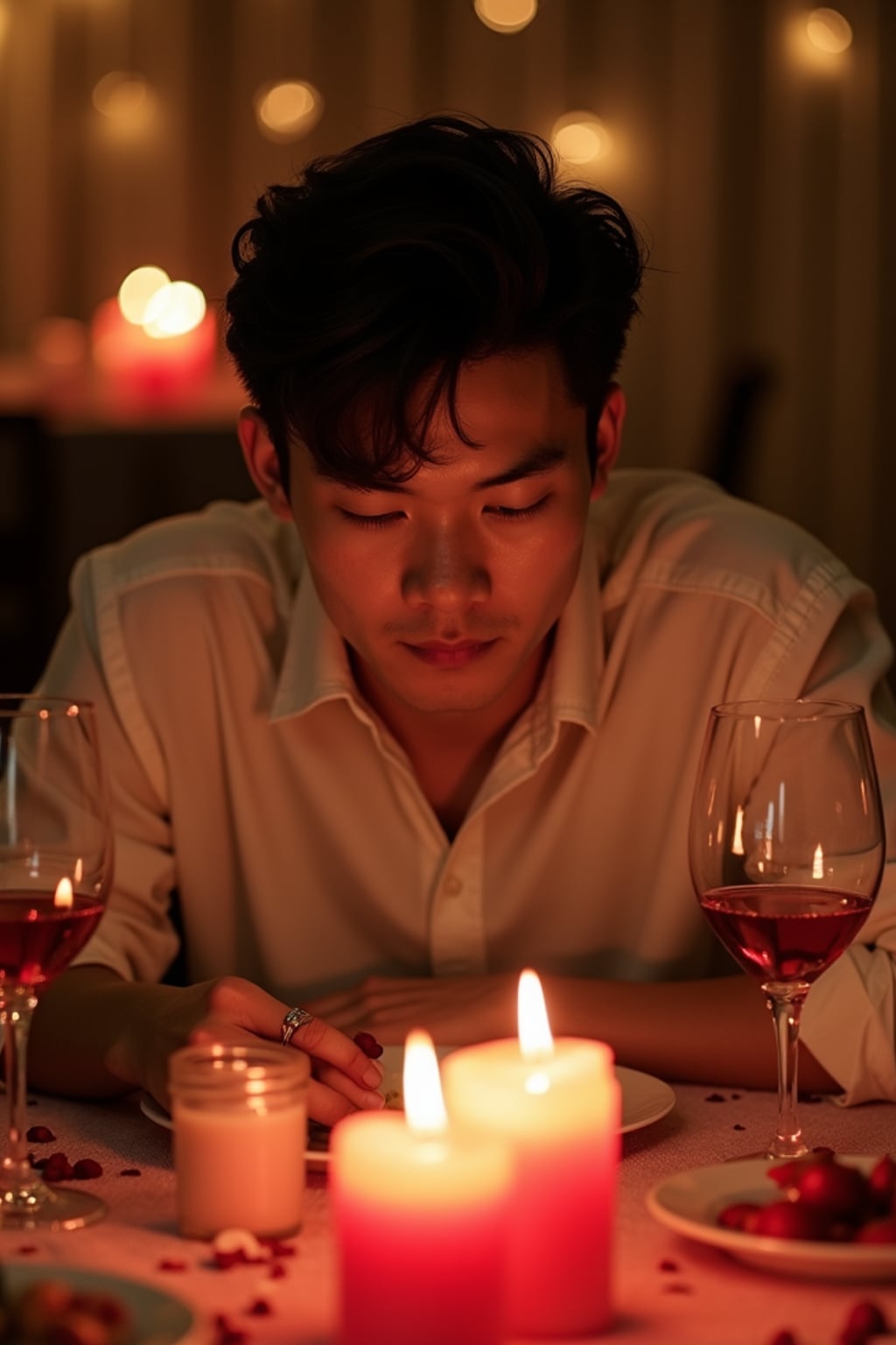 A man enjoying a romantic dinner with candles and soft lighting, set in a warm, Valentine's-themed atmosphere.