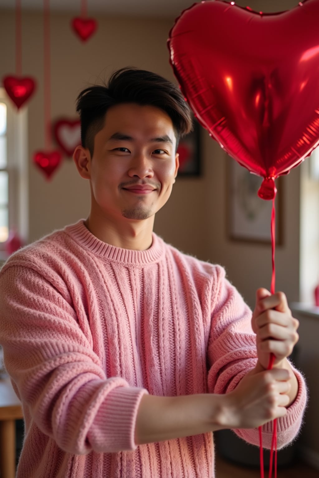 A man wearing a cute, pink Valentine's Day sweater, holding a heart-shaped balloon in a room filled with romantic decorations.