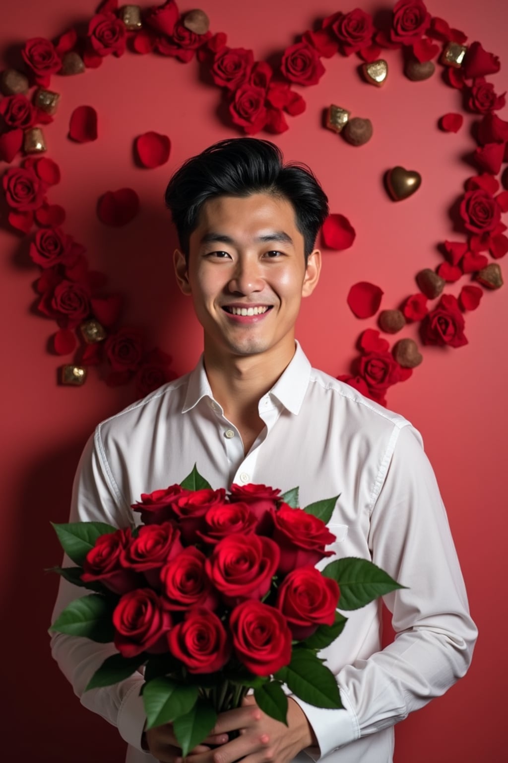 Model holding a bouquet of roses, smiling in front of a heart-shaped backdrop with Valentine's Day decorations like chocolates and rose petals.