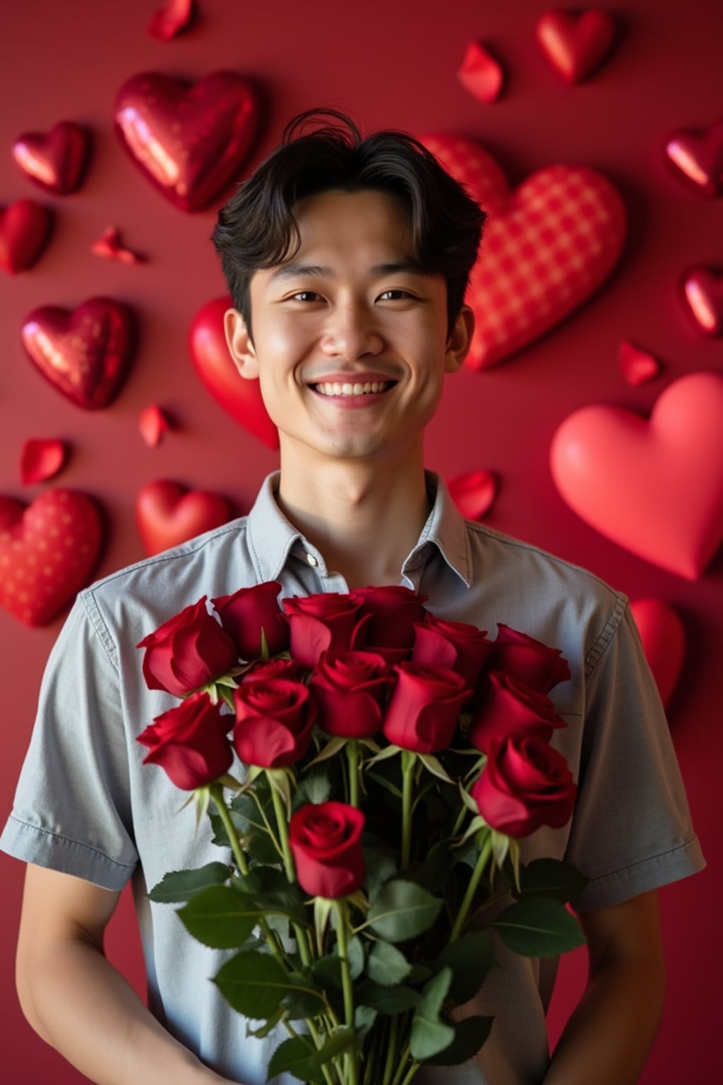Model holding a bouquet of roses, smiling in front of a heart-shaped backdrop with Valentine's Day decorations like chocolates and rose petals.