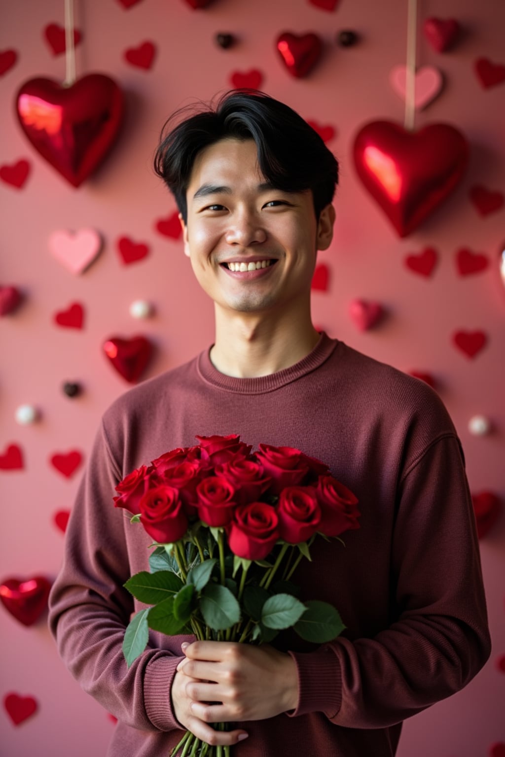 Model holding a bouquet of roses, smiling in front of a heart-shaped backdrop with Valentine's Day decorations like chocolates and rose petals.