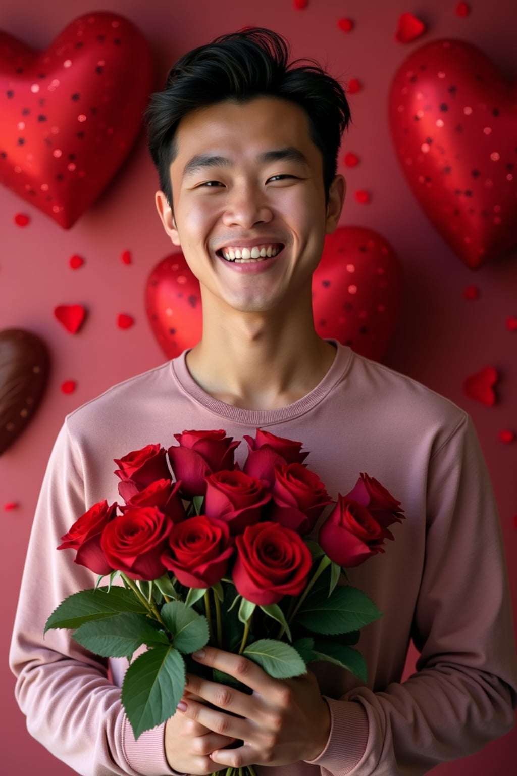 Model holding a bouquet of roses, smiling in front of a heart-shaped backdrop with Valentine's Day decorations like chocolates and rose petals.