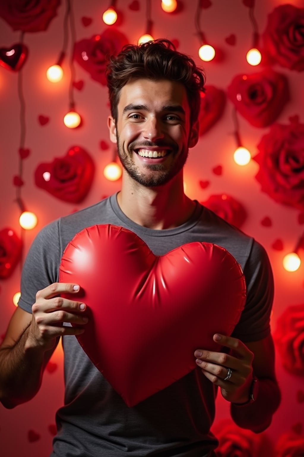 A playful man posing with giant heart decorations, surrounded by roses and festive Valentine's lights.