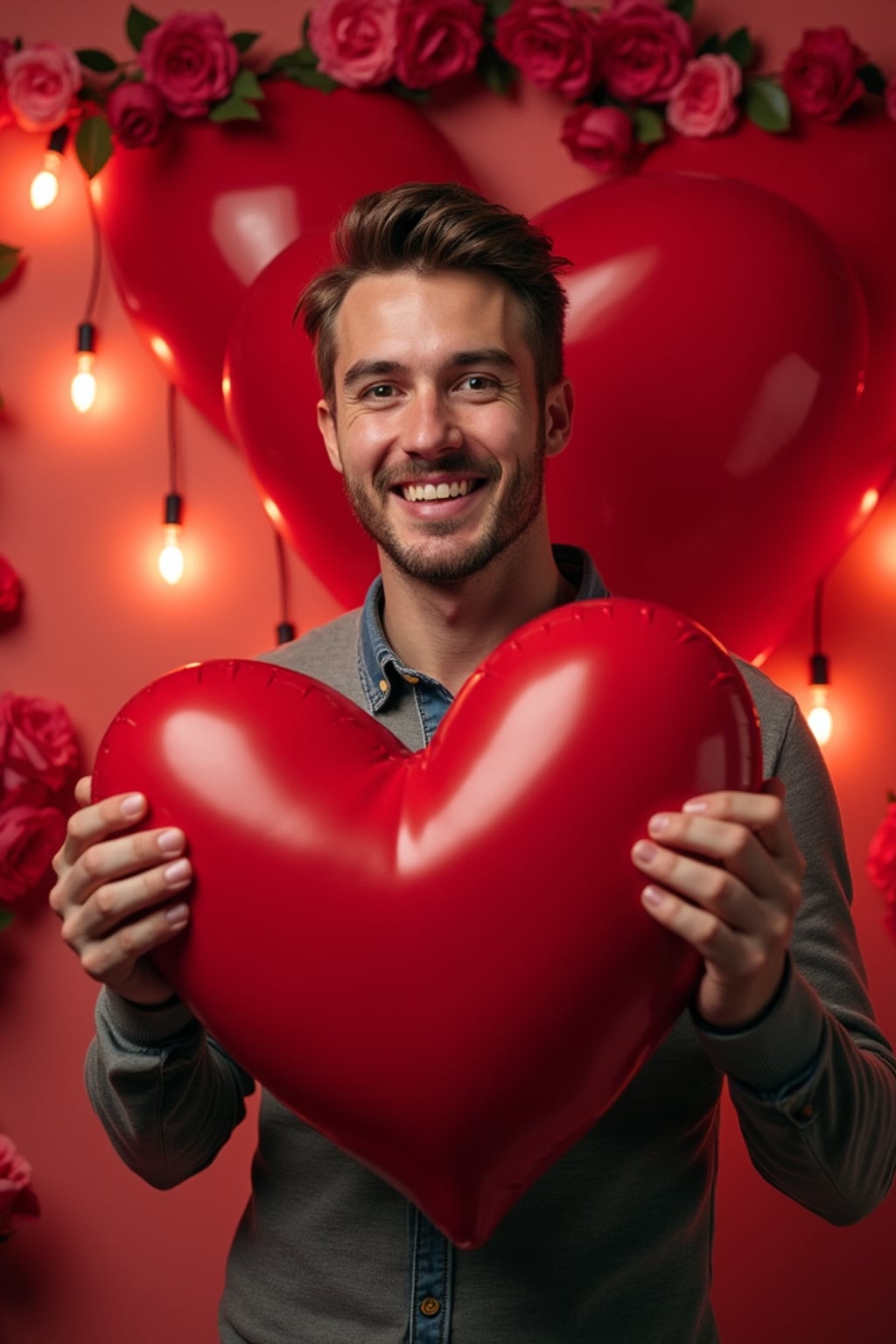 A playful man posing with giant heart decorations, surrounded by roses and festive Valentine's lights.