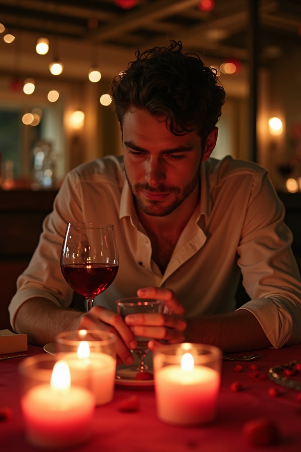 A man enjoying a romantic dinner with candles and soft lighting, set in a warm, Valentine's-themed atmosphere.