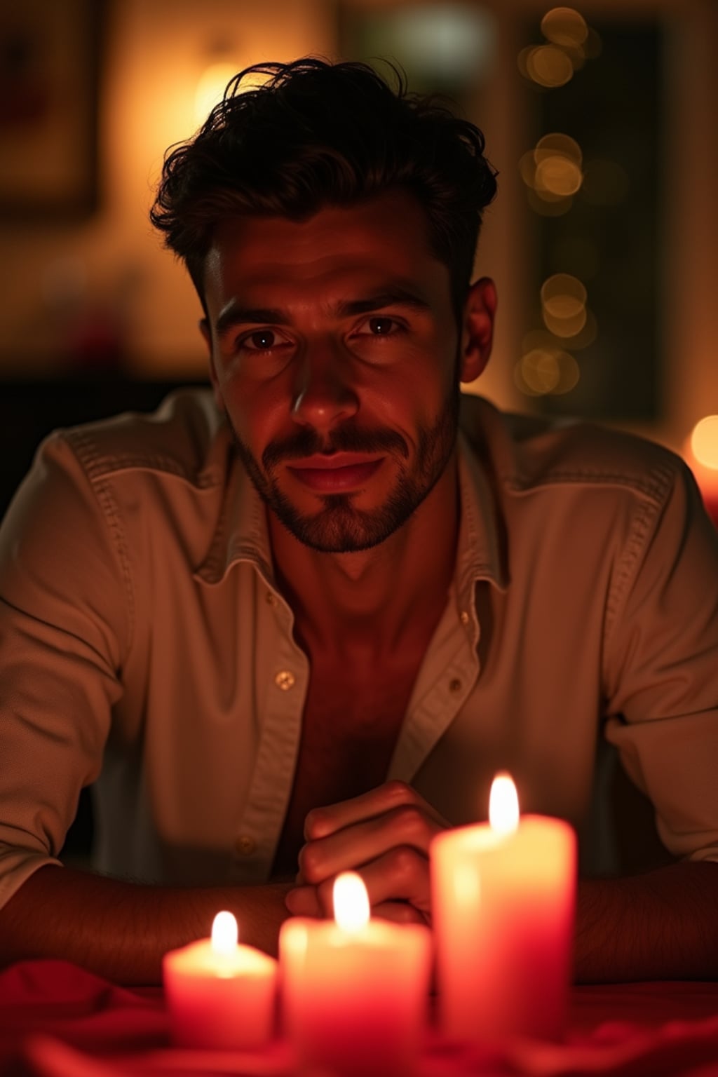 A man enjoying a romantic dinner with candles and soft lighting, set in a warm, Valentine's-themed atmosphere.