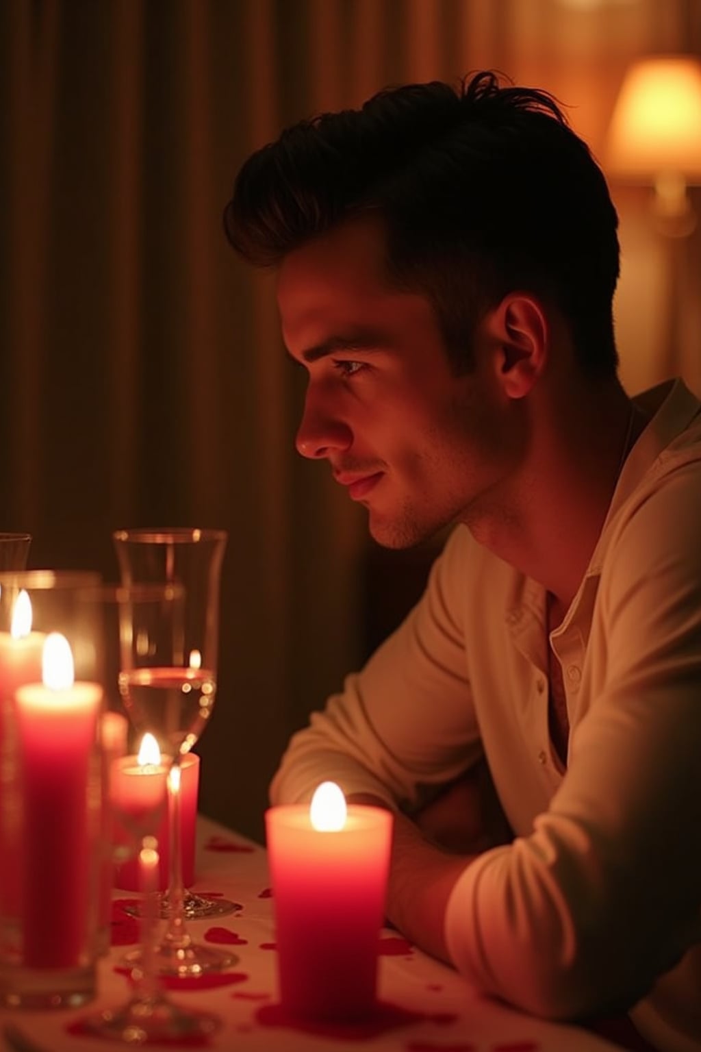 A man enjoying a romantic dinner with candles and soft lighting, set in a warm, Valentine's-themed atmosphere.