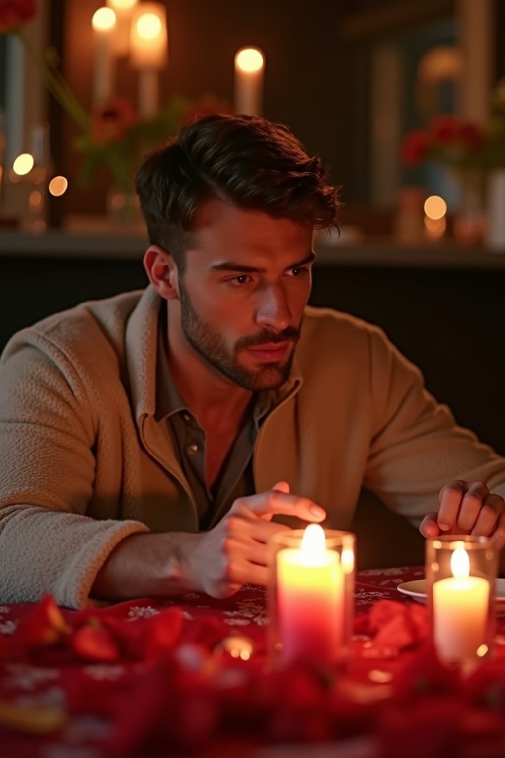 A man enjoying a romantic dinner with candles and soft lighting, set in a warm, Valentine's-themed atmosphere.