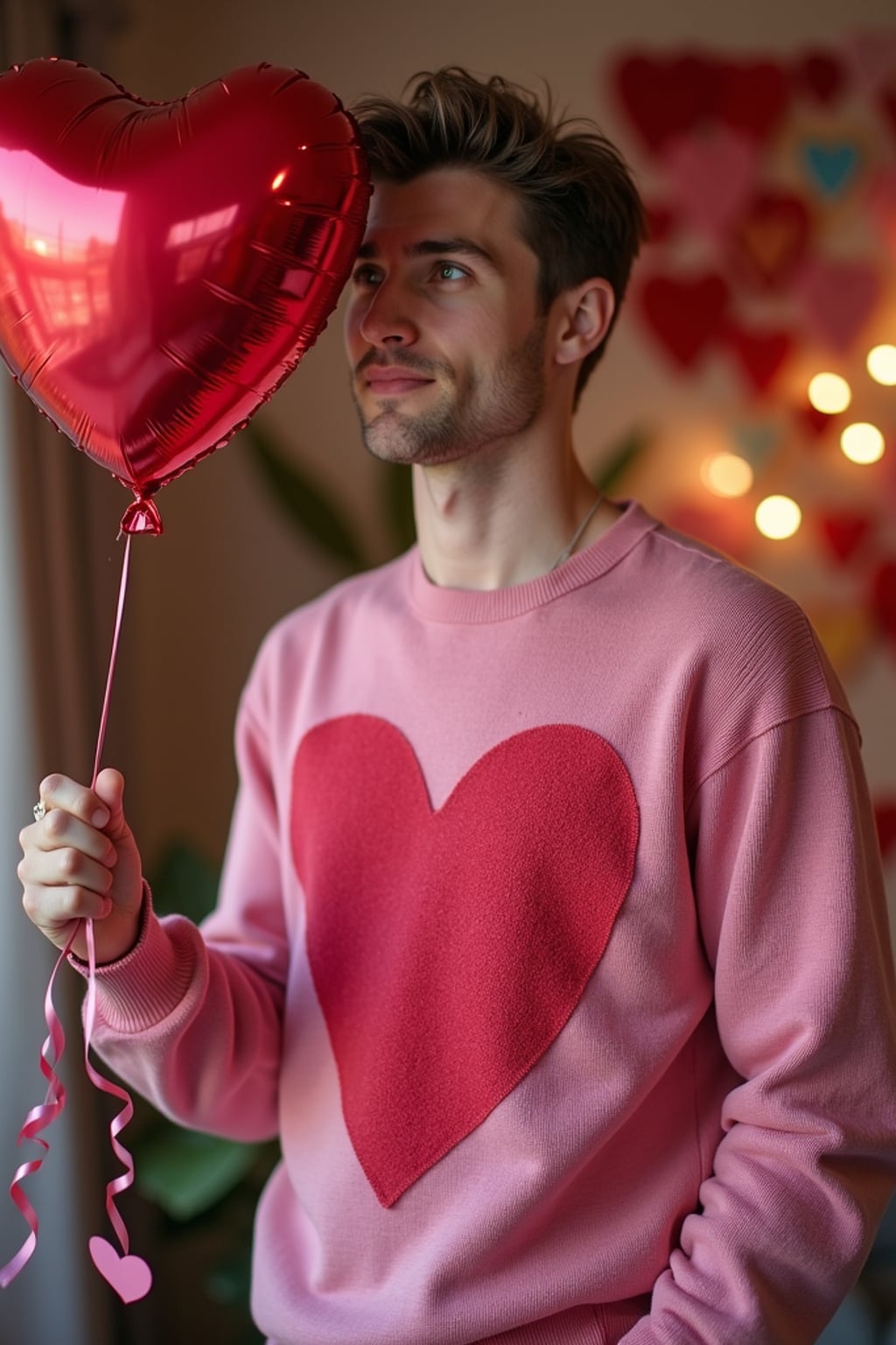 A man wearing a cute, pink Valentine's Day sweater, holding a heart-shaped balloon in a room filled with romantic decorations.