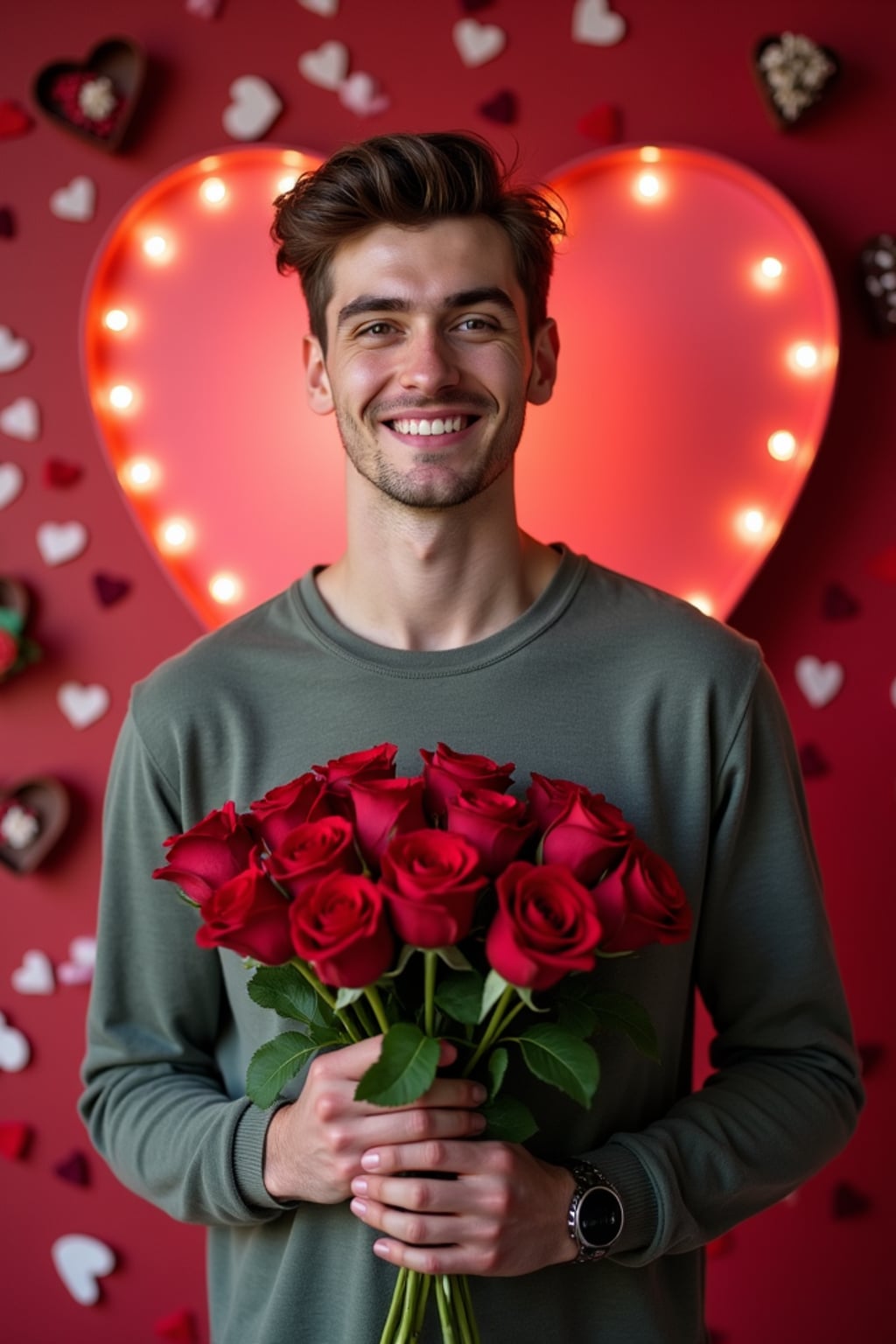 Model holding a bouquet of roses, smiling in front of a heart-shaped backdrop with Valentine's Day decorations like chocolates and rose petals.