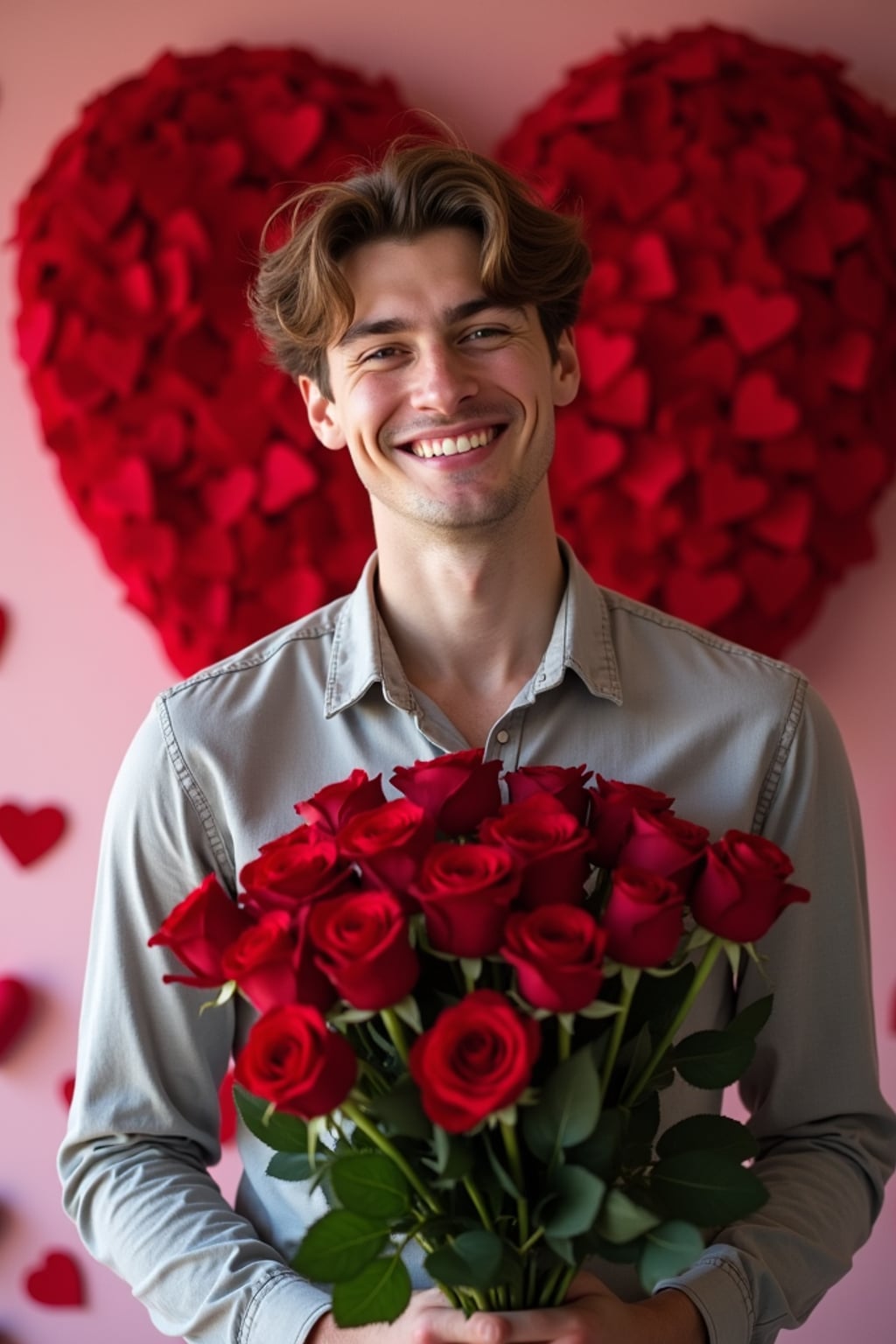 Model holding a bouquet of roses, smiling in front of a heart-shaped backdrop with Valentine's Day decorations like chocolates and rose petals.