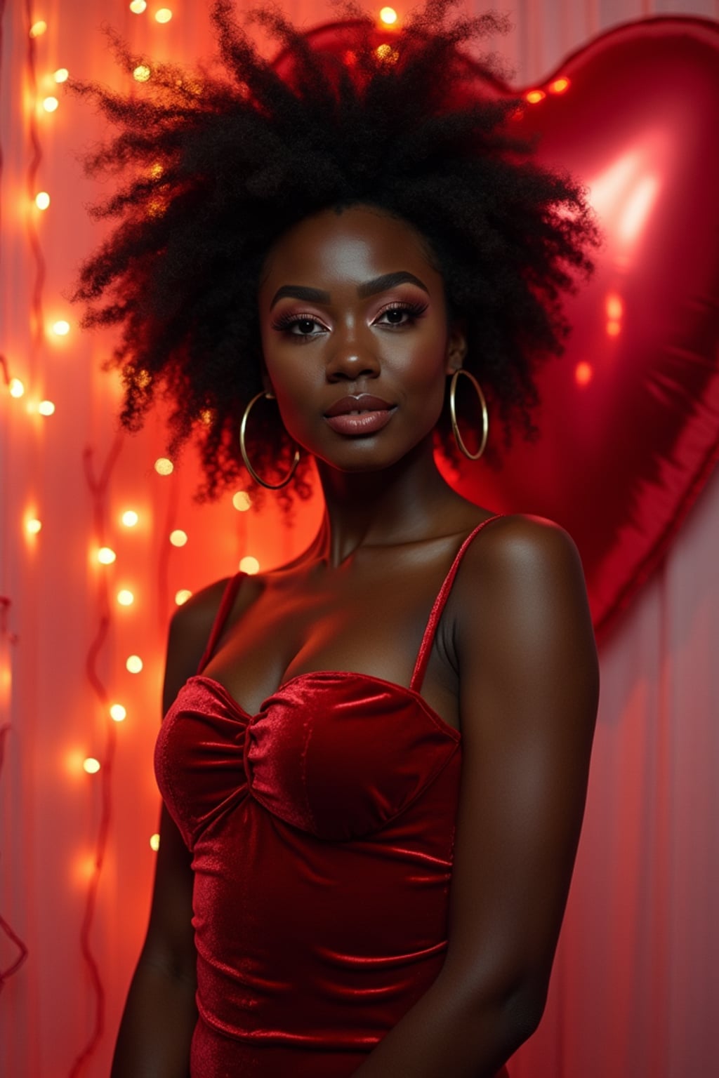 woman wearing (naughty Valentine) (sexy Valentine\'s costume) (velvet dress) (Valentine\'s outfit), posing with romantic decorations and lights in the background