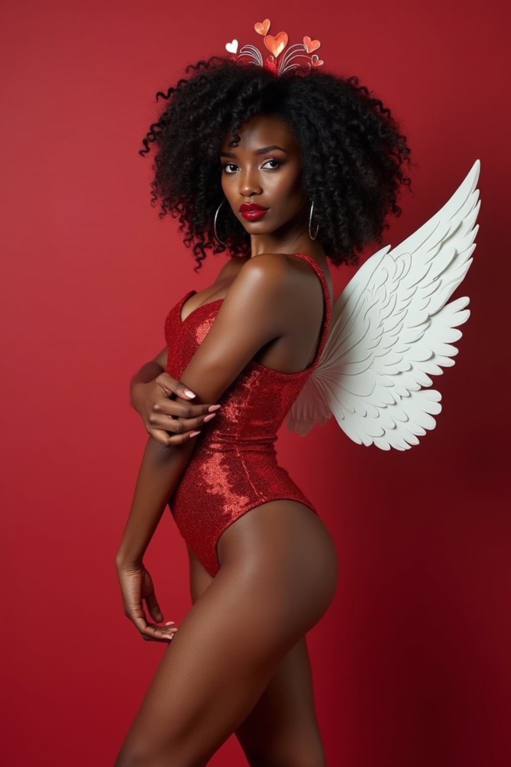 woman wearing (naughty Valentine) (sexy Valentine\'s costume) cupid-inspired outfit posing for photo