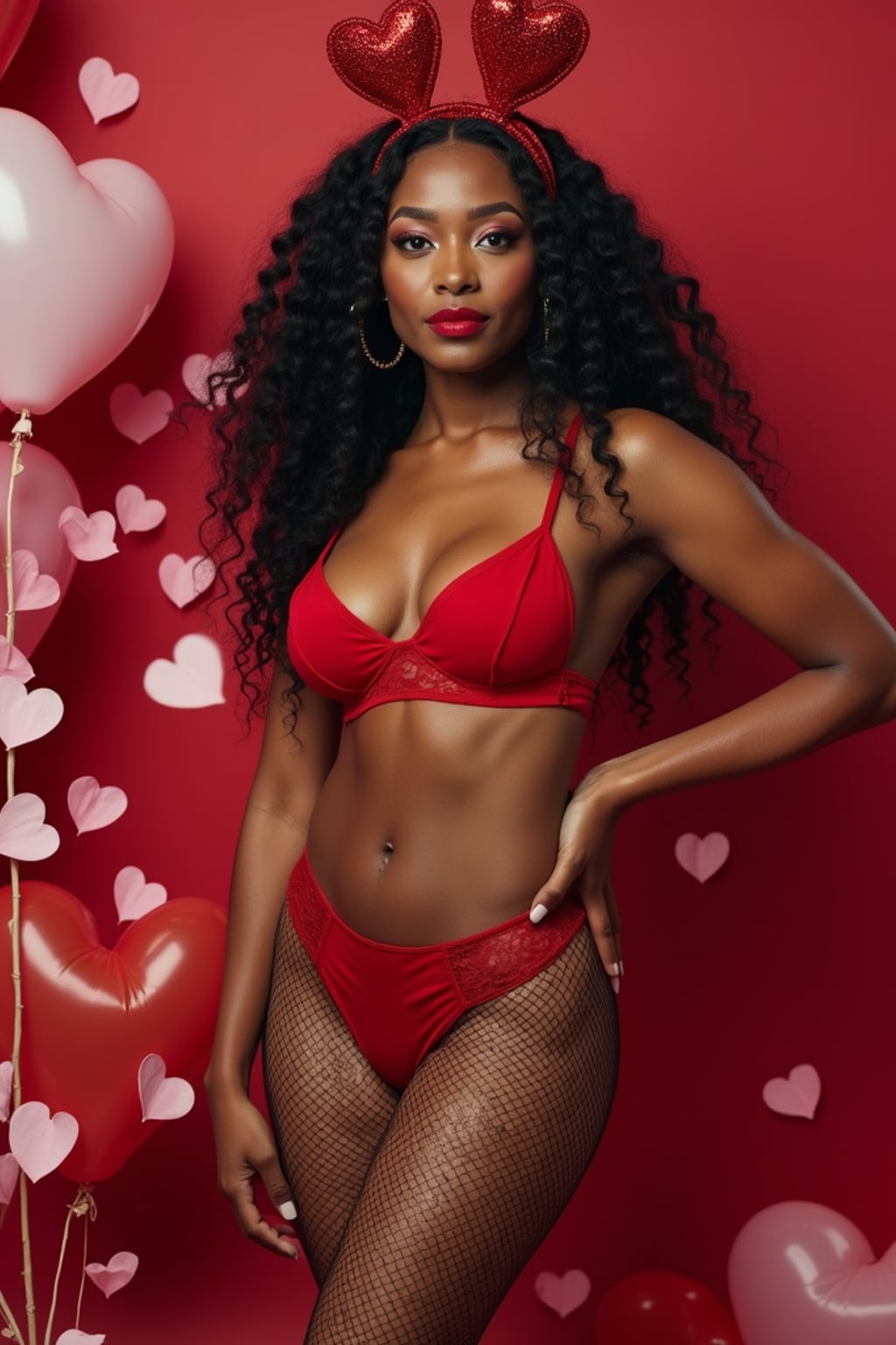 a woman wearing a sexy Valentine\'s outfit, heart-shaped headband, lingerie, fishnets, rose petals, and Valentine\'s decorations