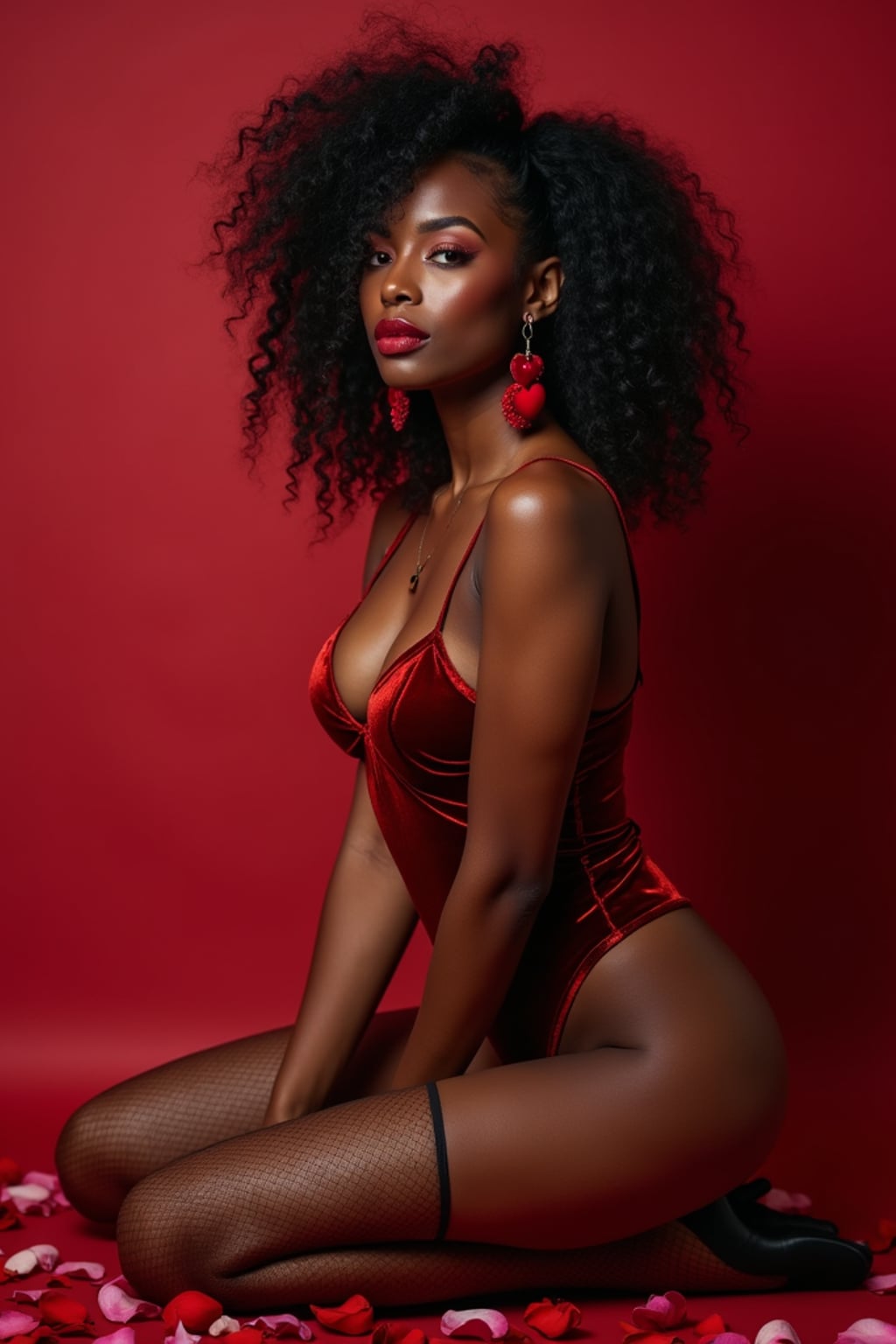 a woman wearing a sexy Valentine\'s costume, (velvet red bodysuit), stockings, heart earrings, lingerie, fishnets, rose petals, and a romantic background