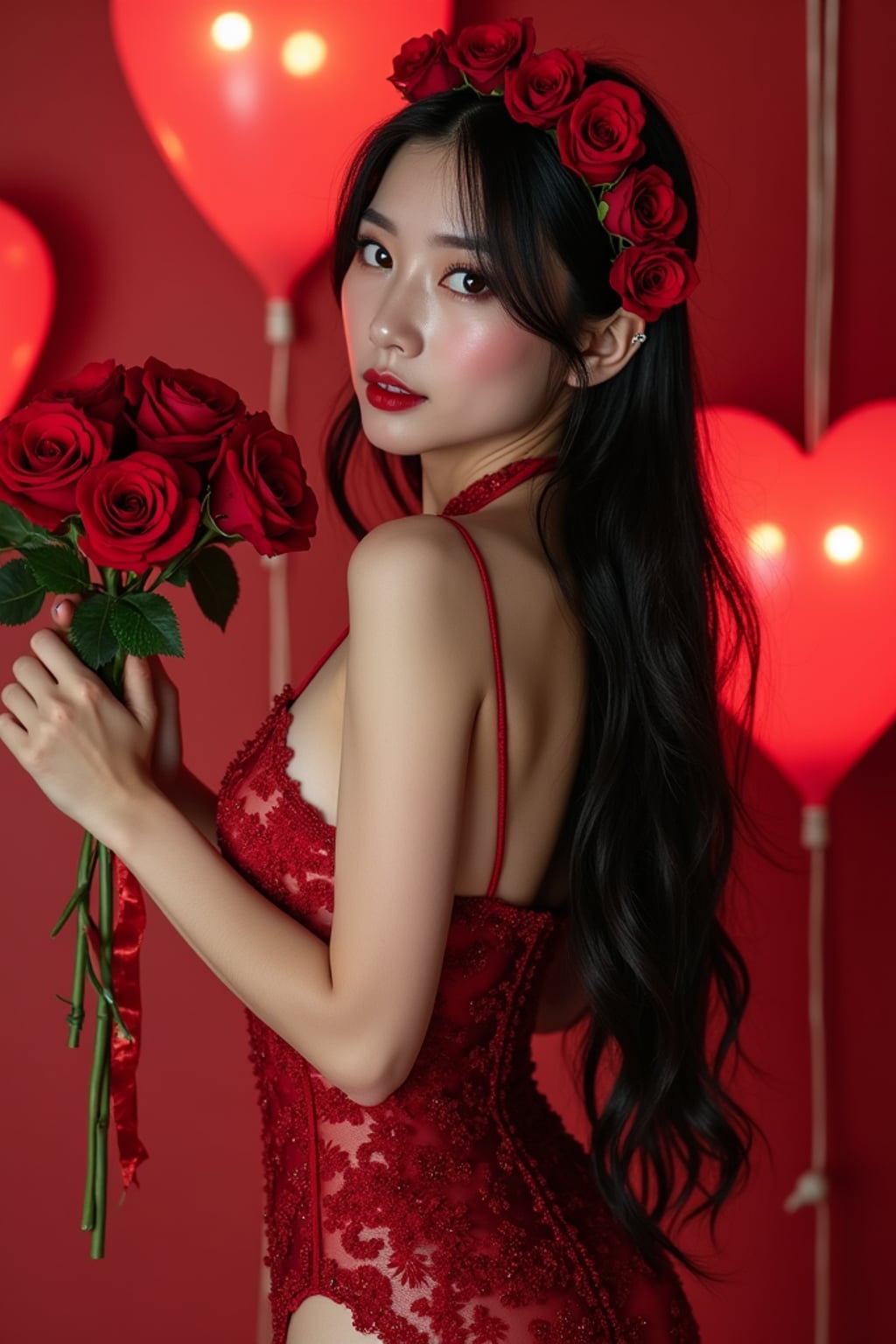woman wearing (naughty Valentine) (sexy Valentine\'s costume) festive outfit posing for a photo, background includes roses and heart-shaped lights