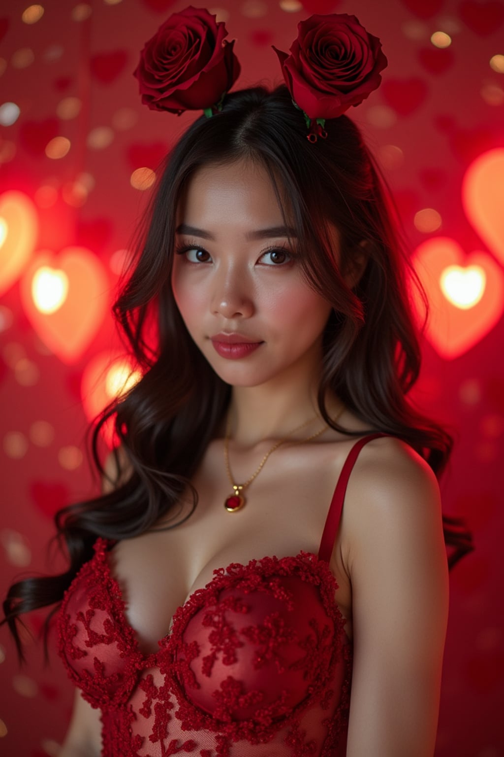 woman wearing (naughty Valentine) (sexy Valentine\'s costume) festive outfit posing for a photo, background includes roses and heart-shaped lights