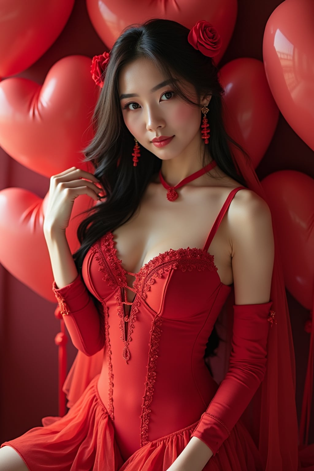 woman wearing (naughty Valentine) (sexy Valentine\'s costume) heart-themed outfit posing for photo