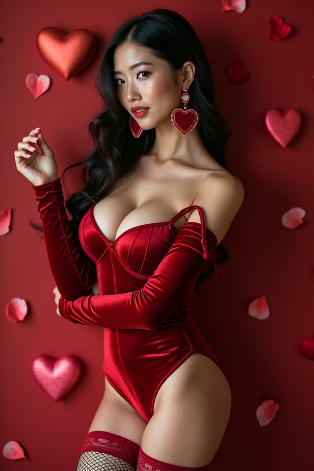 a woman wearing a sexy Valentine\'s costume, (velvet red bodysuit), stockings, heart earrings, lingerie, fishnets, rose petals, and a romantic background