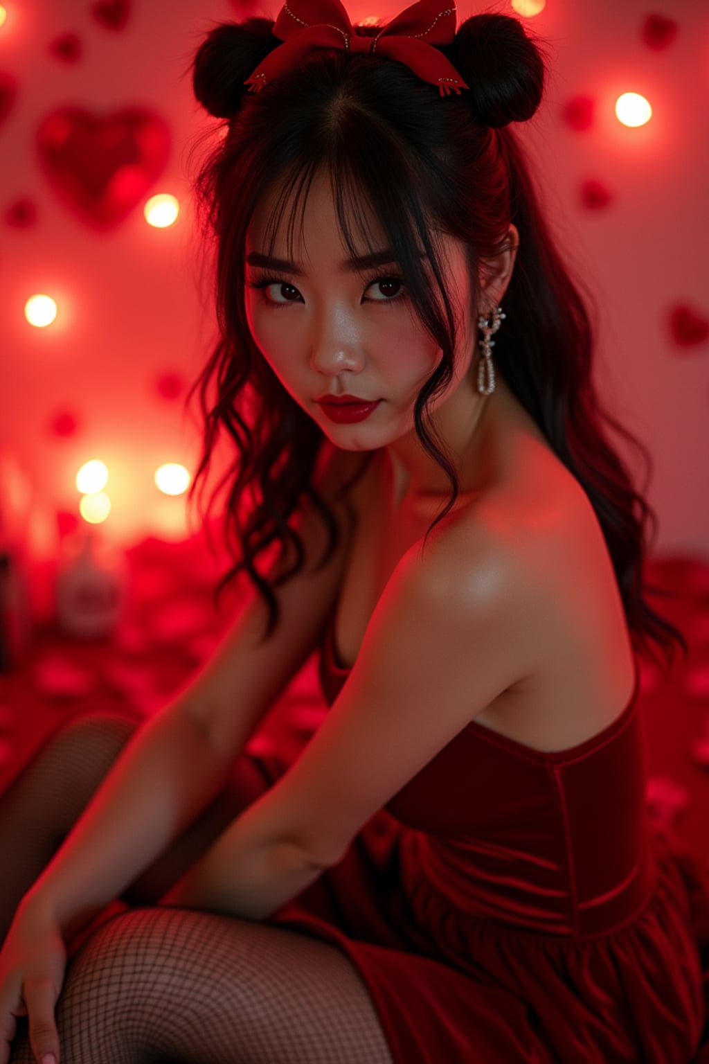 a woman wearing a sexy Valentine\'s costume, (velvet red dress), stockings, heart-shaped accessories, lingerie, fishnets, rose petals, Valentine's lights, (camera flash light)