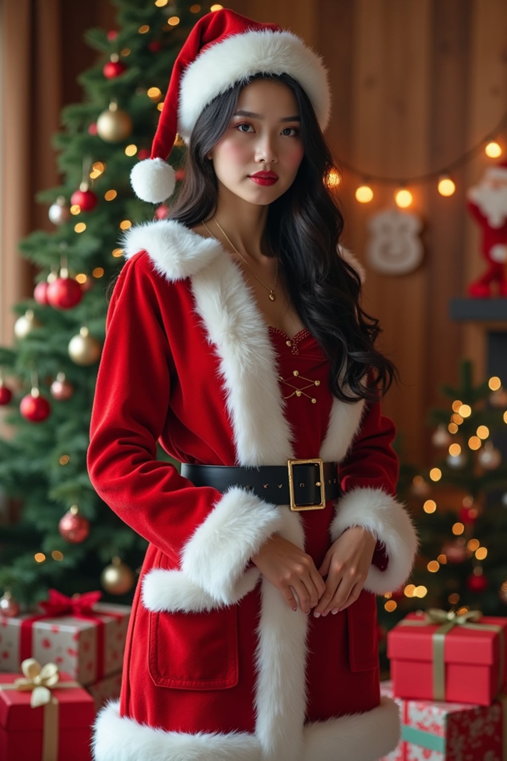 A woman dressed in a classic Santa costume, standing in a room filled with holiday decorations, presents, and a Christmas tree.